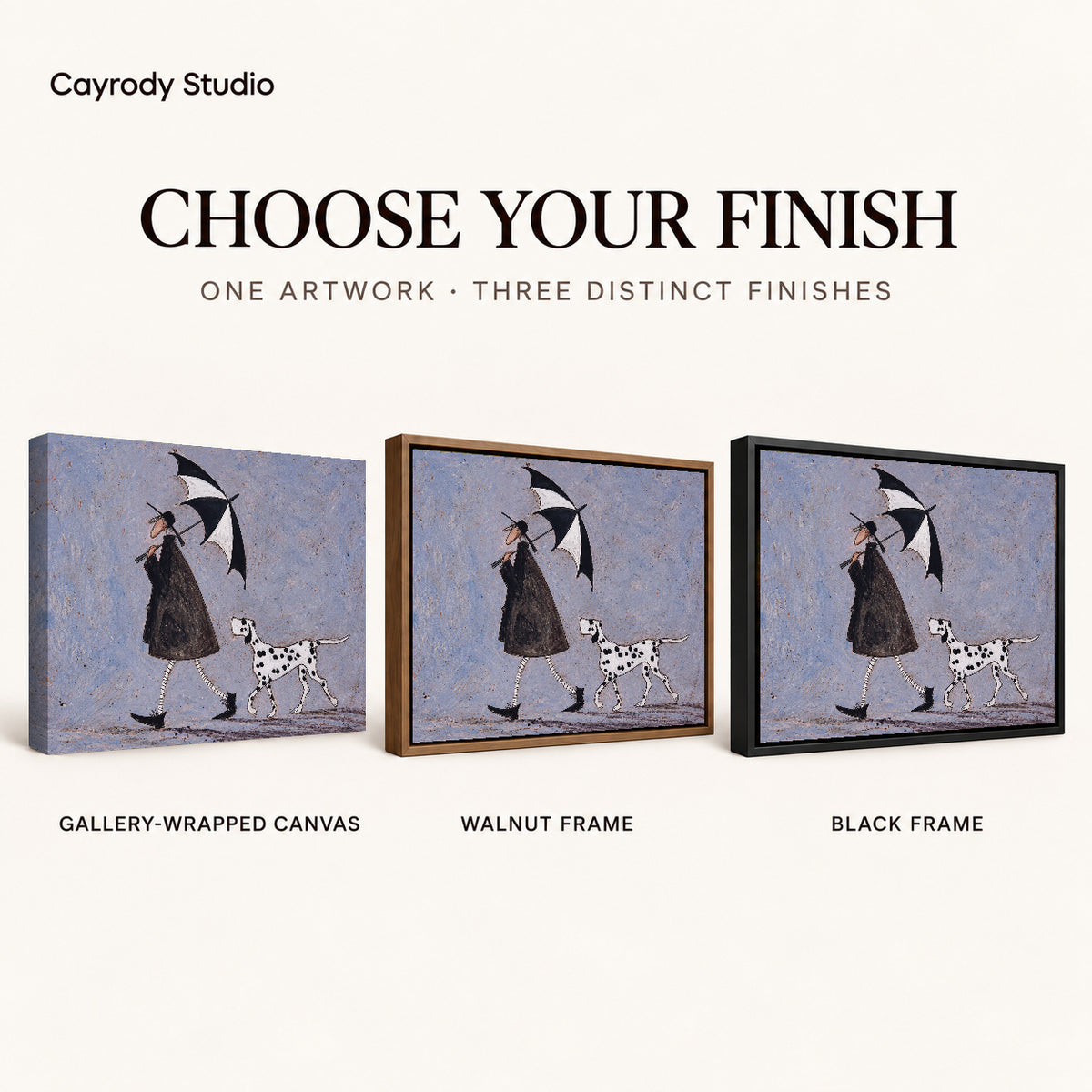 umbrella walk companions canvas art compared across gallery-wrapped canvas, walnut frame, and black frame finishes.
