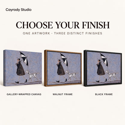 umbrella walk companions canvas art compared across gallery-wrapped canvas, walnut frame, and black frame finishes.