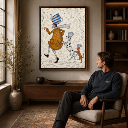 teacup walking parade canvas art in a walnut frame above a console beside a seated man.
