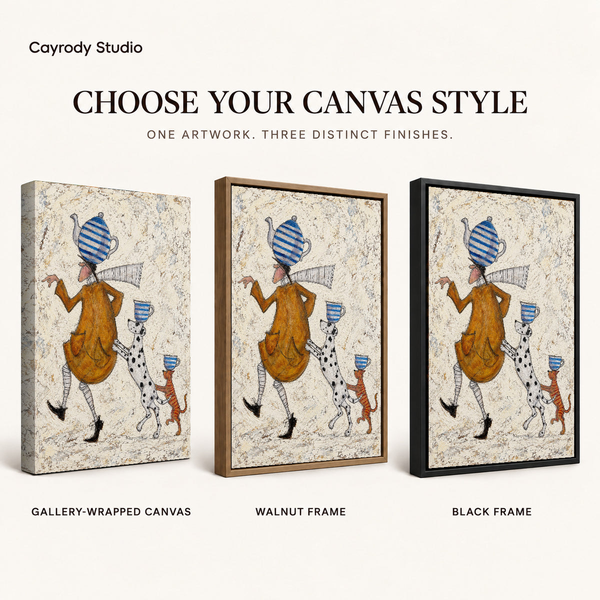 teacup walking parade canvas art compared across gallery-wrapped canvas, walnut frame, and black frame finishes.