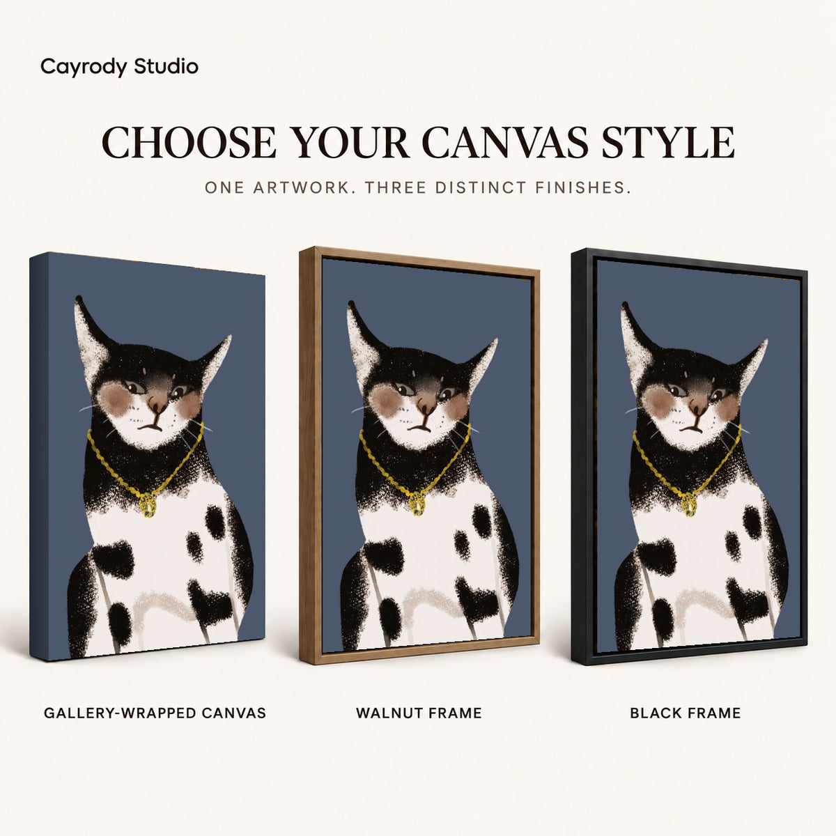 golden pendant cat canvas art compared across gallery-wrapped canvas, walnut frame, and black frame finishes.