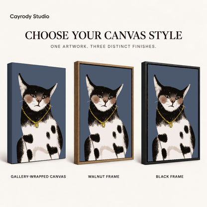 golden pendant cat canvas art compared across gallery-wrapped canvas, walnut frame, and black frame finishes.