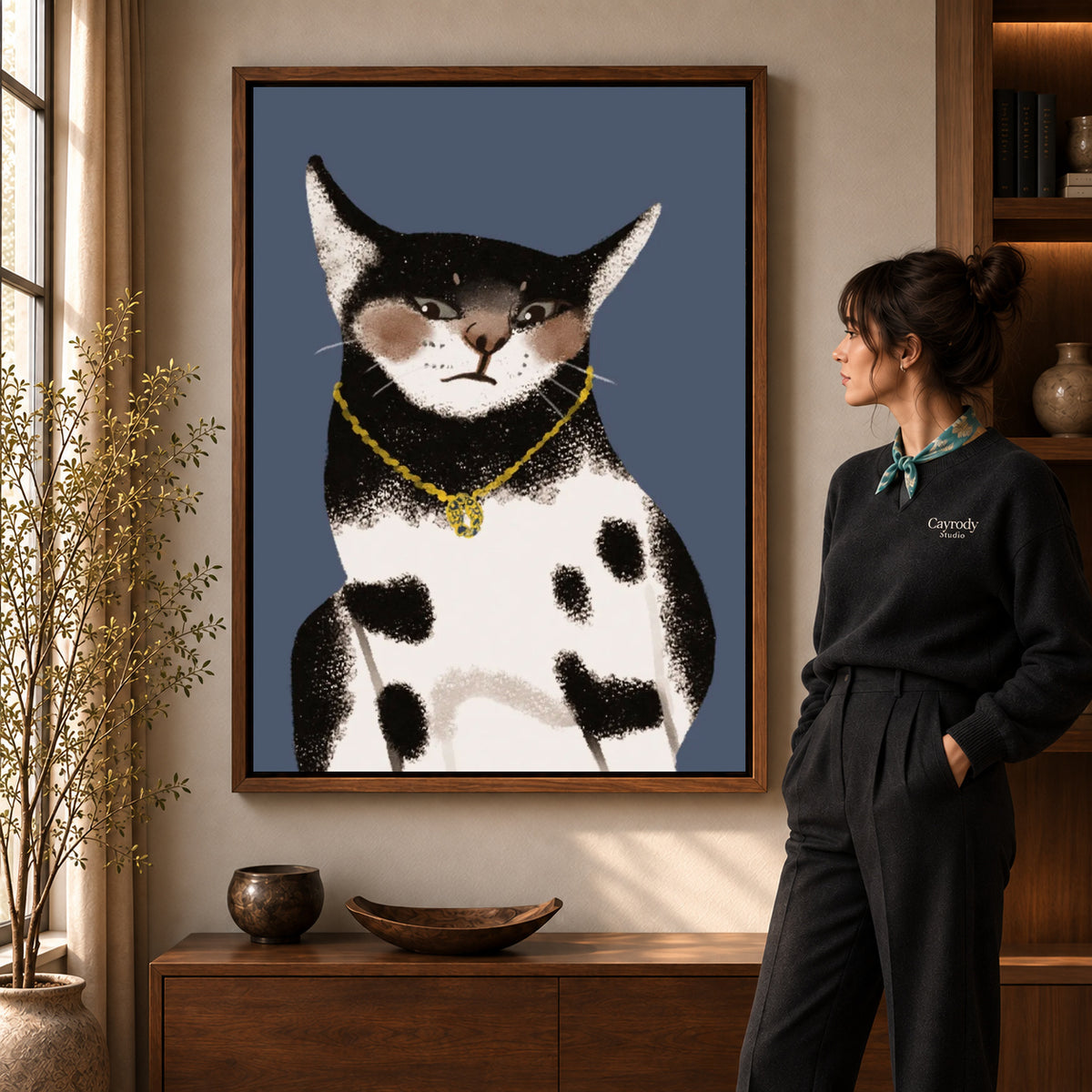 golden pendant cat canvas art shown in the walnut frame option within a warm living room.