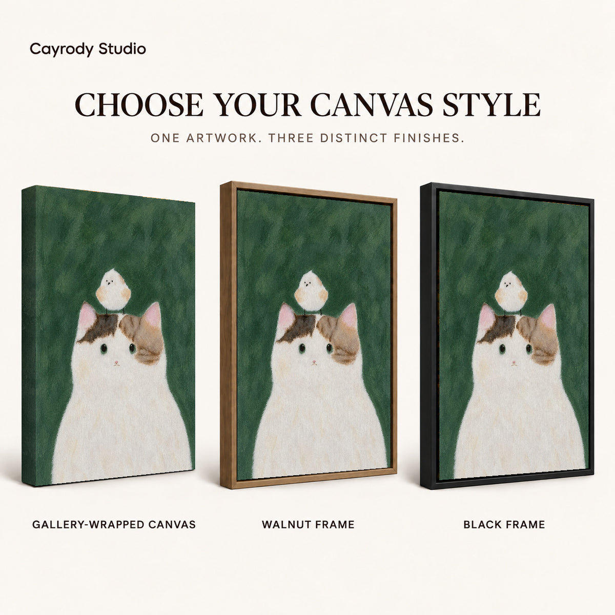 cat bird gentle friendship canvas art compared across gallery-wrapped canvas, walnut frame, and black frame finishes.