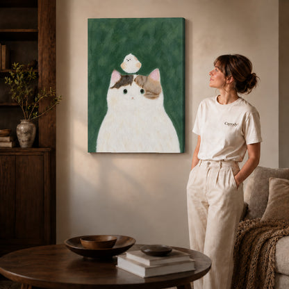 cat bird gentle friendship canvas art shown in the gallery-wrapped option with visible depth and warm surroundings.
