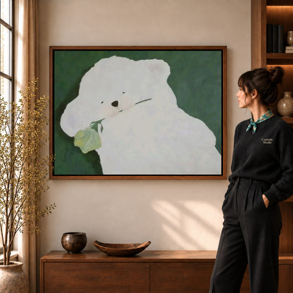 rose bearing puppy canvas art in a walnut frame beside a standing woman and wooden console.