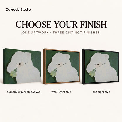 rose bearing puppy canvas art compared across gallery-wrapped canvas, walnut frame, and black frame finishes.