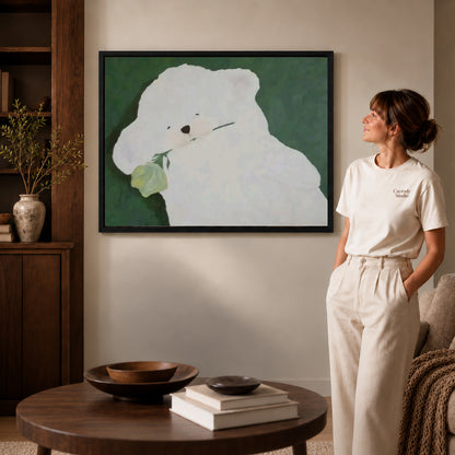 rose bearing puppy canvas art shown in the black frame option against a softly lit wall.