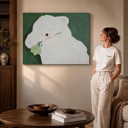 rose bearing puppy canvas art shown in the gallery-wrapped option with natural side shading and warm surroundings.