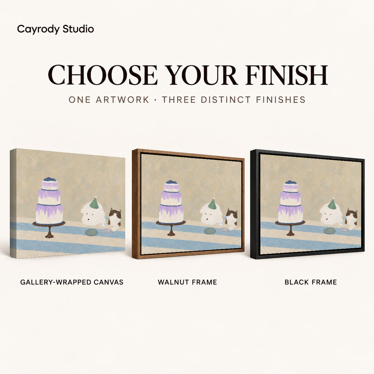 cake party companions canvas art compared across gallery-wrapped canvas, walnut frame, and black frame finishes.