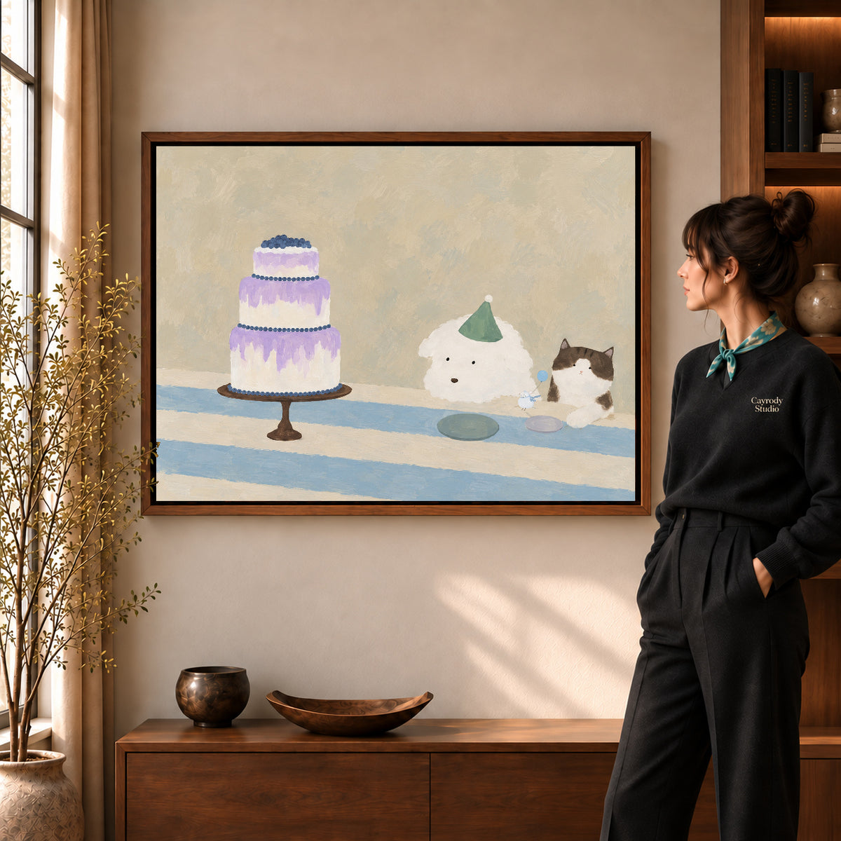 cake party companions canvas art shown in the walnut frame option within a warm living room.