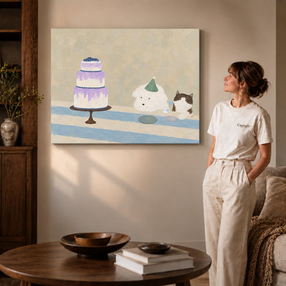 cake party companions canvas art shown in the gallery-wrapped option with natural side shading and warm surroundings.