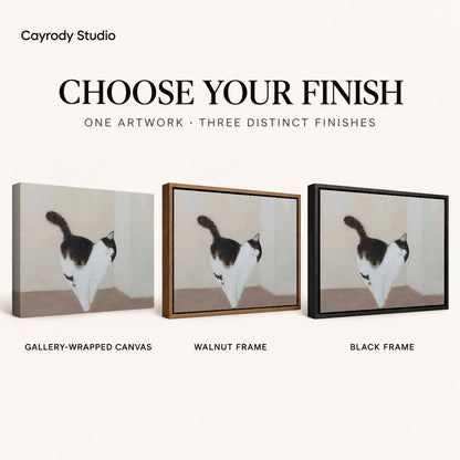 quiet cat stroll canvas art compared across gallery-wrapped canvas, walnut frame, and black frame finishes.