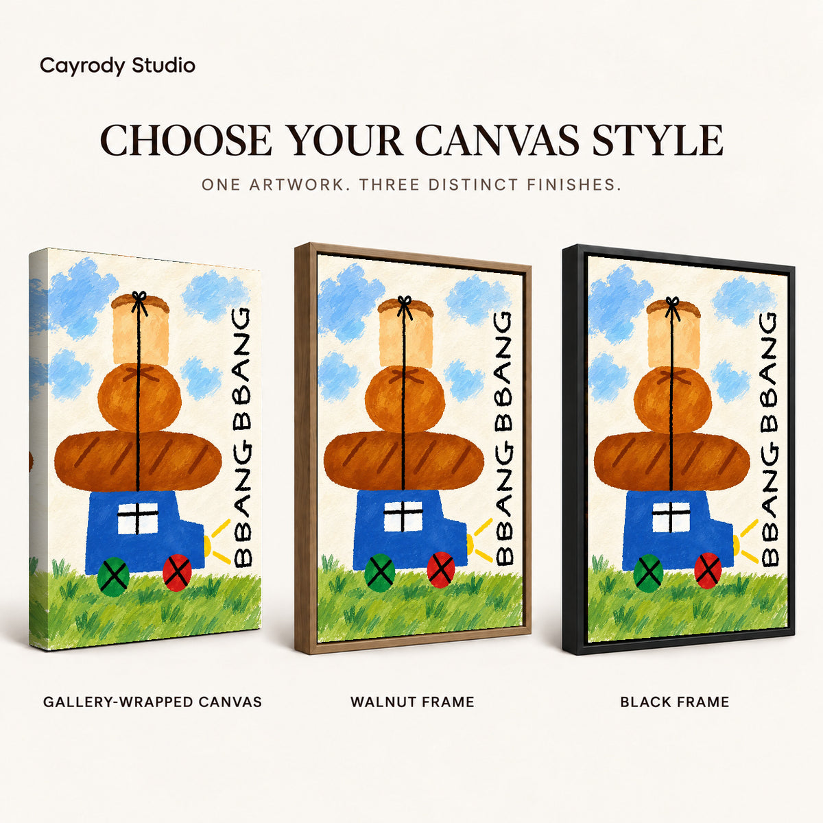 bread cart parade canvas art compared across gallery-wrapped canvas, walnut frame, and black frame finishes.