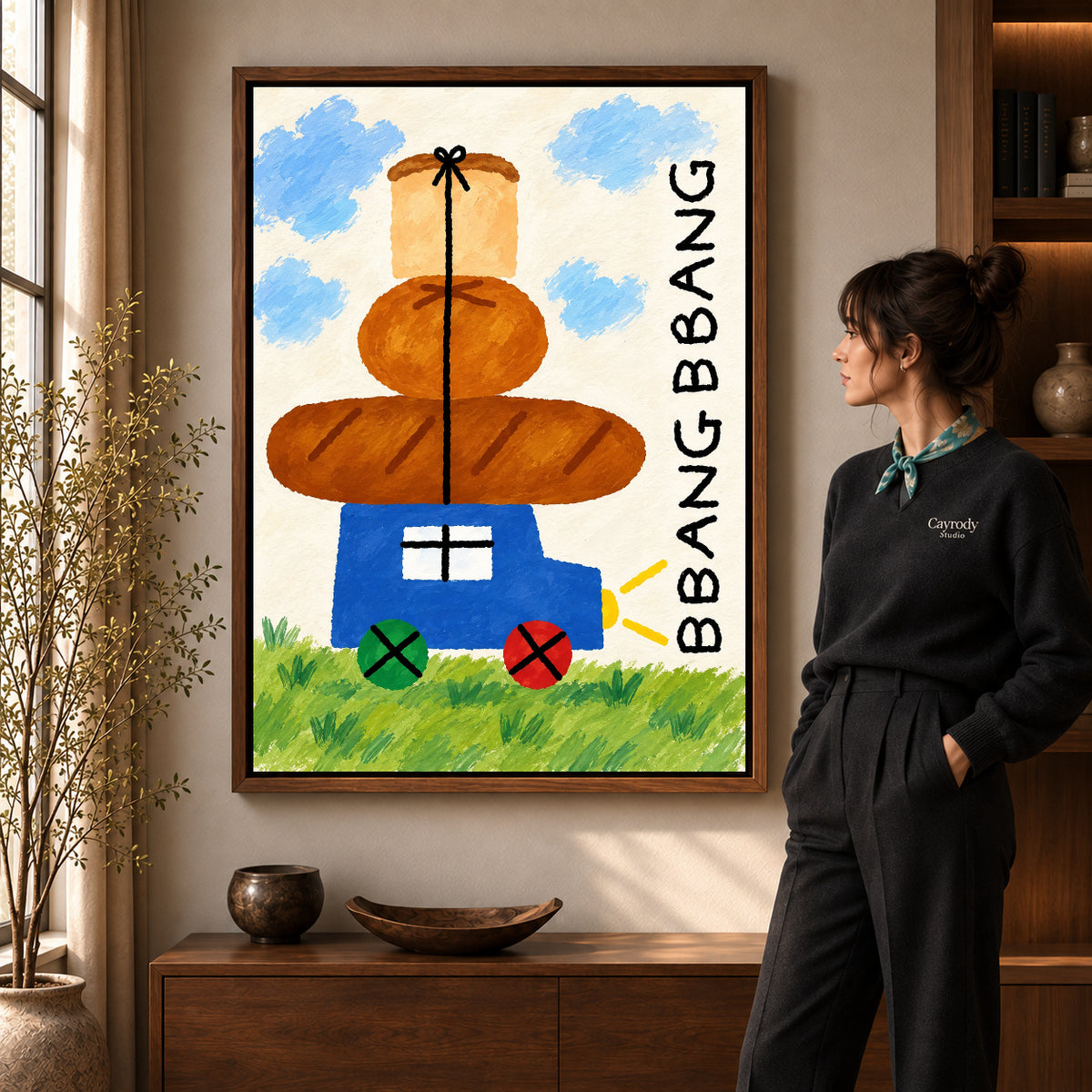 bread cart parade canvas art shown in the walnut frame option within a warm living room.