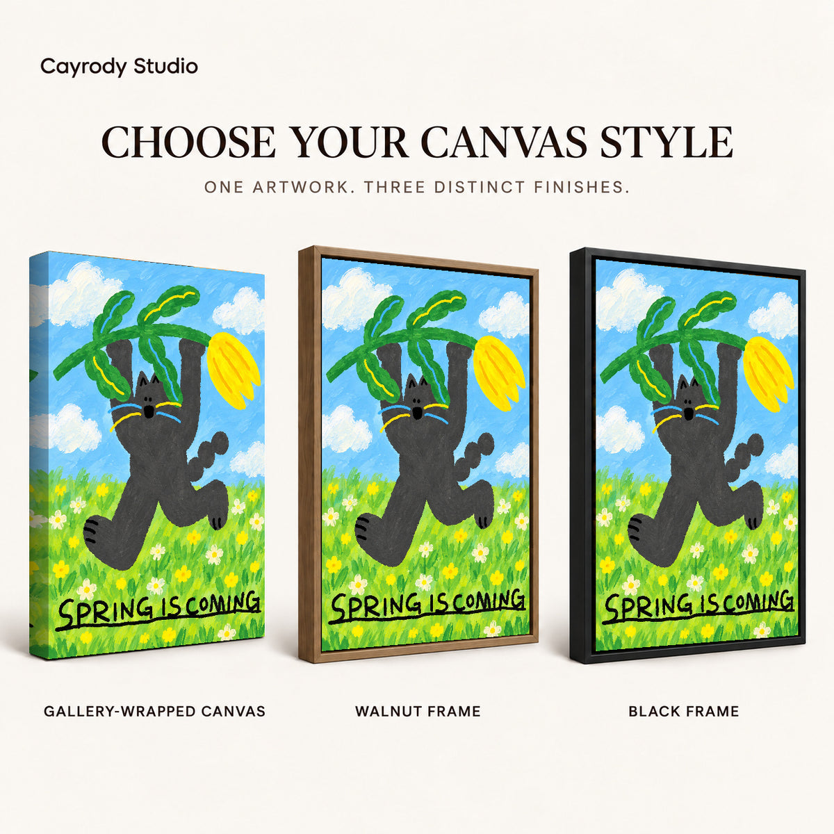 spring tulip cat canvas art compared across gallery-wrapped canvas, walnut frame, and black frame finishes.