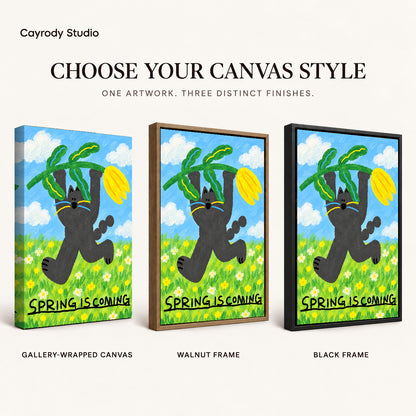 spring tulip cat canvas art compared across gallery-wrapped canvas, walnut frame, and black frame finishes.