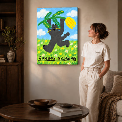 spring tulip cat canvas art shown in the gallery-wrapped option with visible depth and warm surroundings.