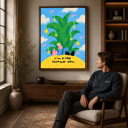 fine thank you canvas art in a walnut frame above a console beside a seated man.