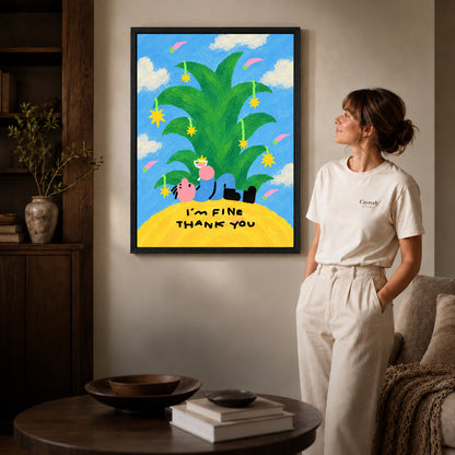 fine thank you canvas art in a black frame beside a woman and round wooden table.