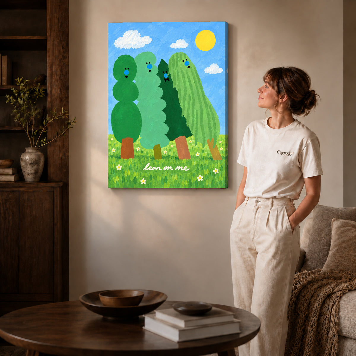 lean on me trees canvas art on gallery-wrapped canvas with natural edge shading beside a standing woman.