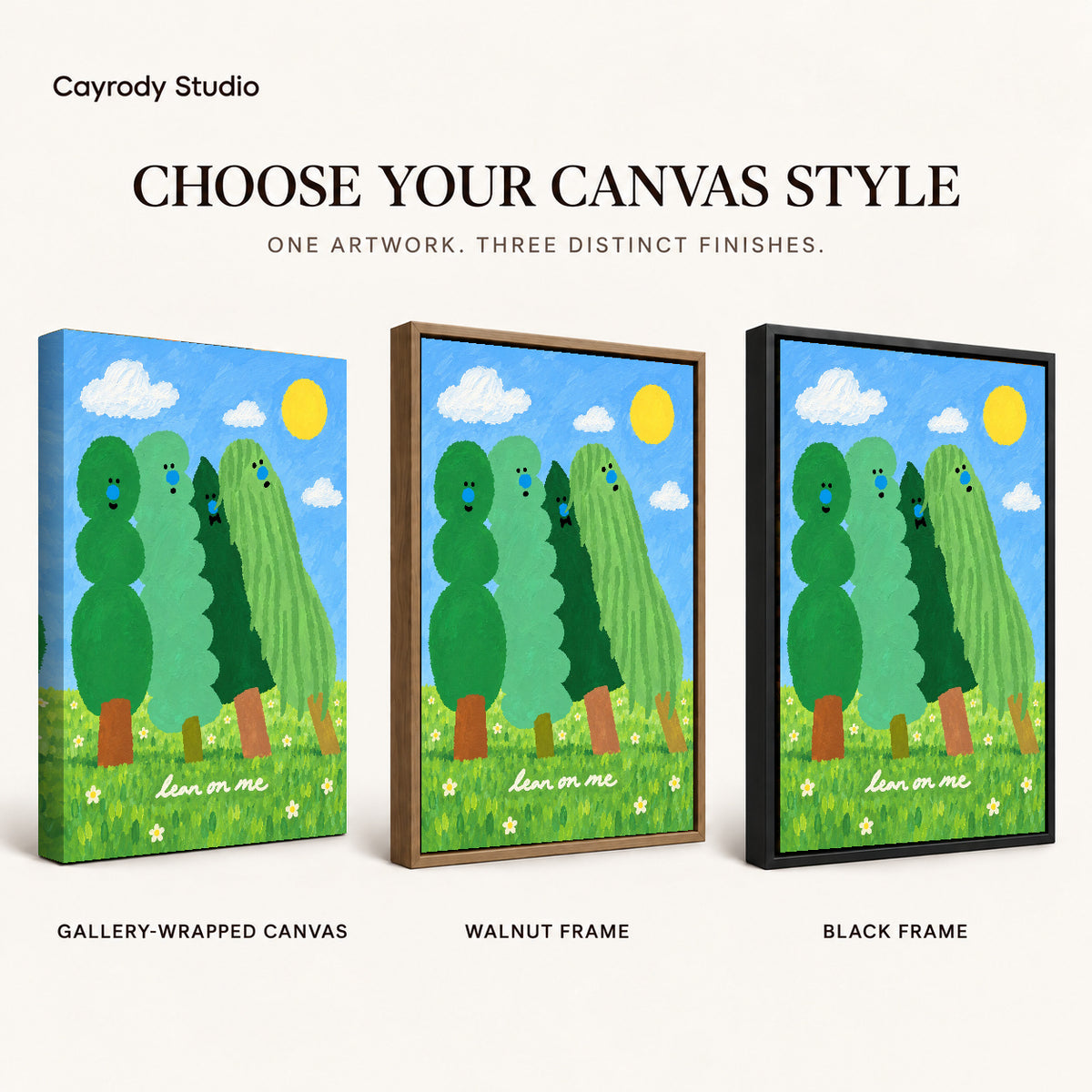 lean on me trees canvas art compared across gallery-wrapped canvas, walnut frame, and black frame finishes.
