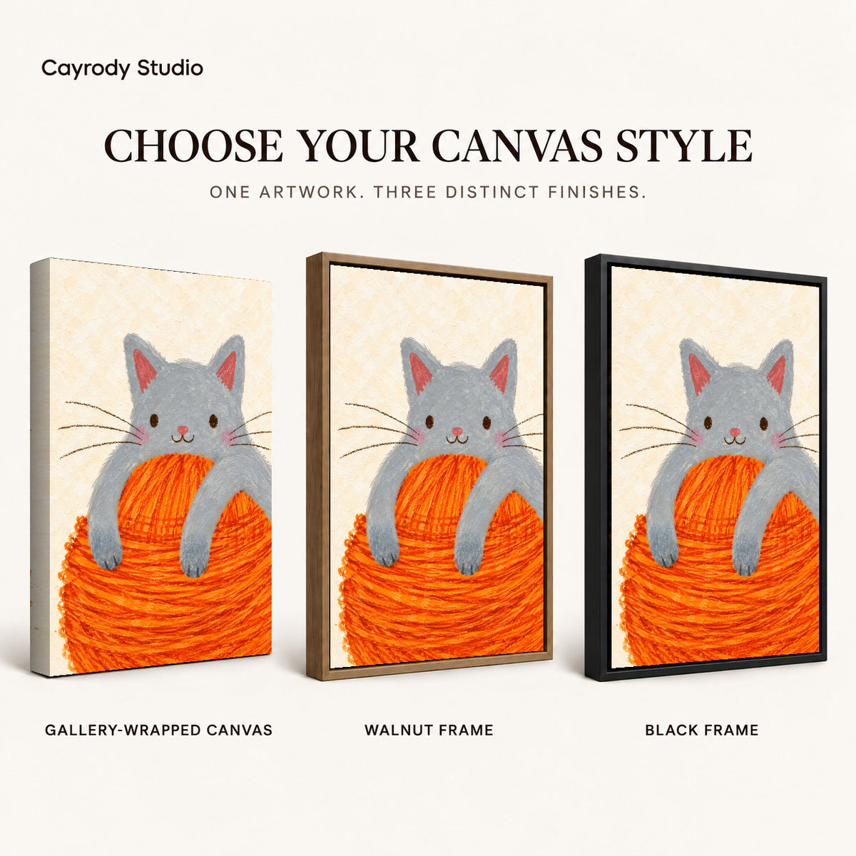 kitten yarn hug canvas art compared across gallery-wrapped canvas, walnut frame, and black frame finishes.