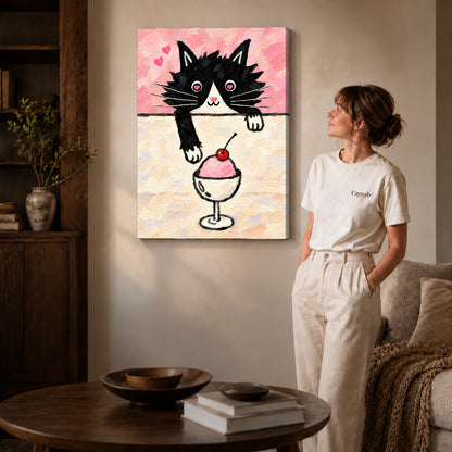 ice cream cat canvas art on gallery-wrapped canvas with natural edge shading beside a standing woman.