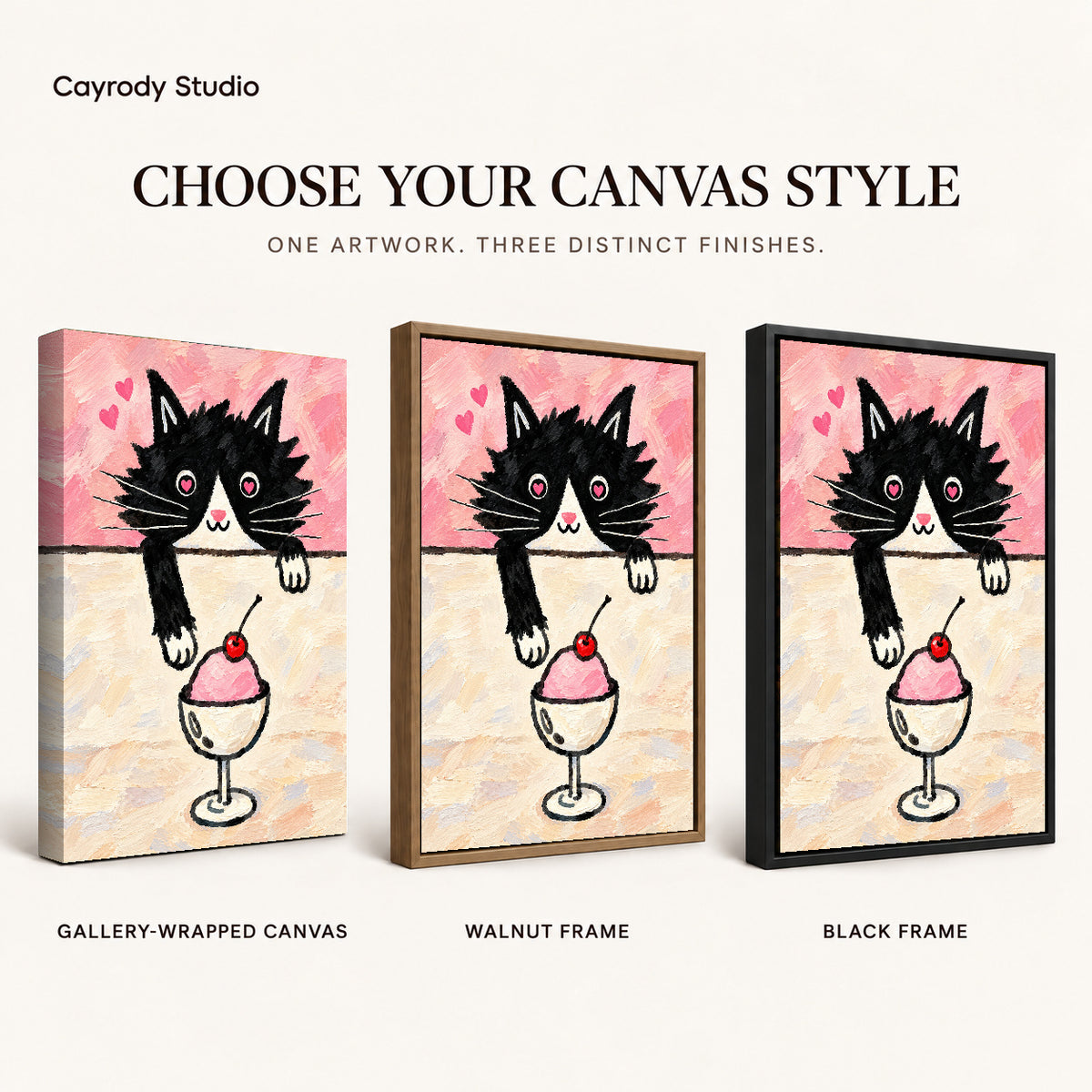 ice cream cat canvas art compared across gallery-wrapped canvas, walnut frame, and black frame finishes.