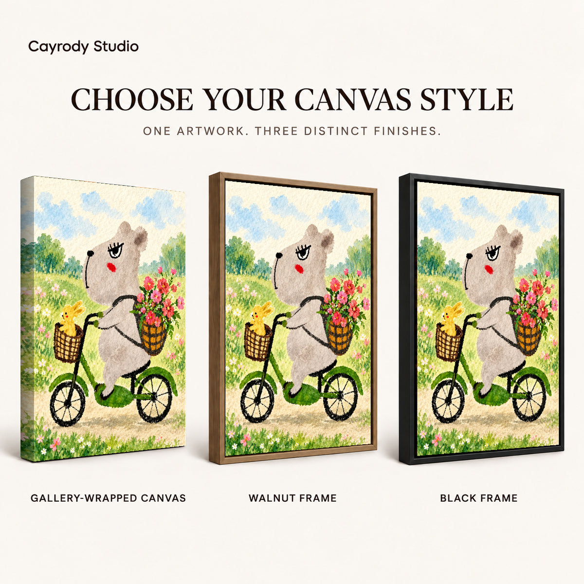 capybara bicycle ride canvas art compared across gallery-wrapped canvas, walnut frame, and black frame finishes.
