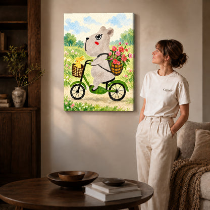 capybara bicycle ride canvas art shown in the gallery-wrapped option with visible depth and warm surroundings.