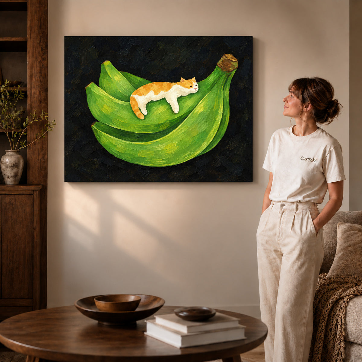 banana cat nap canvas art on gallery-wrapped canvas with visible edge depth beside a standing woman.