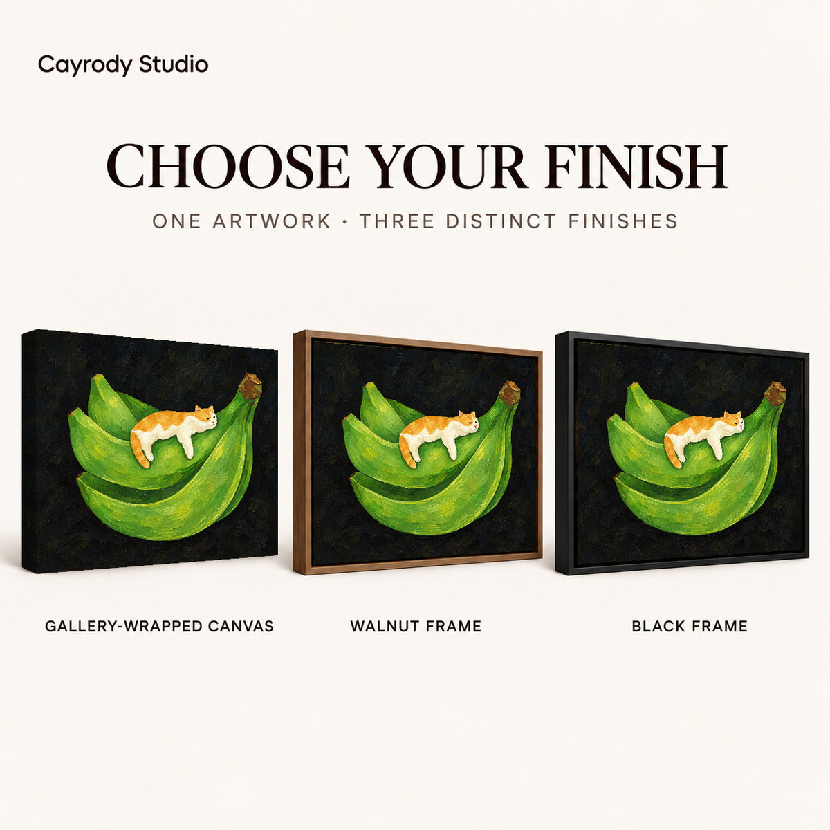 banana cat nap canvas art compared across gallery-wrapped canvas, walnut frame, and black frame finishes.