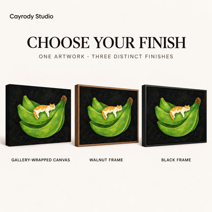 banana cat nap canvas art compared across gallery-wrapped canvas, walnut frame, and black frame finishes.