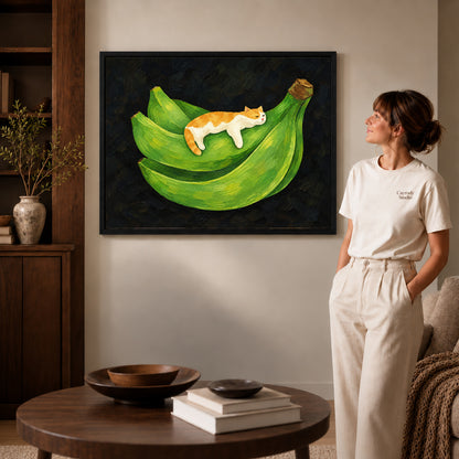 banana cat nap canvas art shown in the black frame option against a softly lit wall.