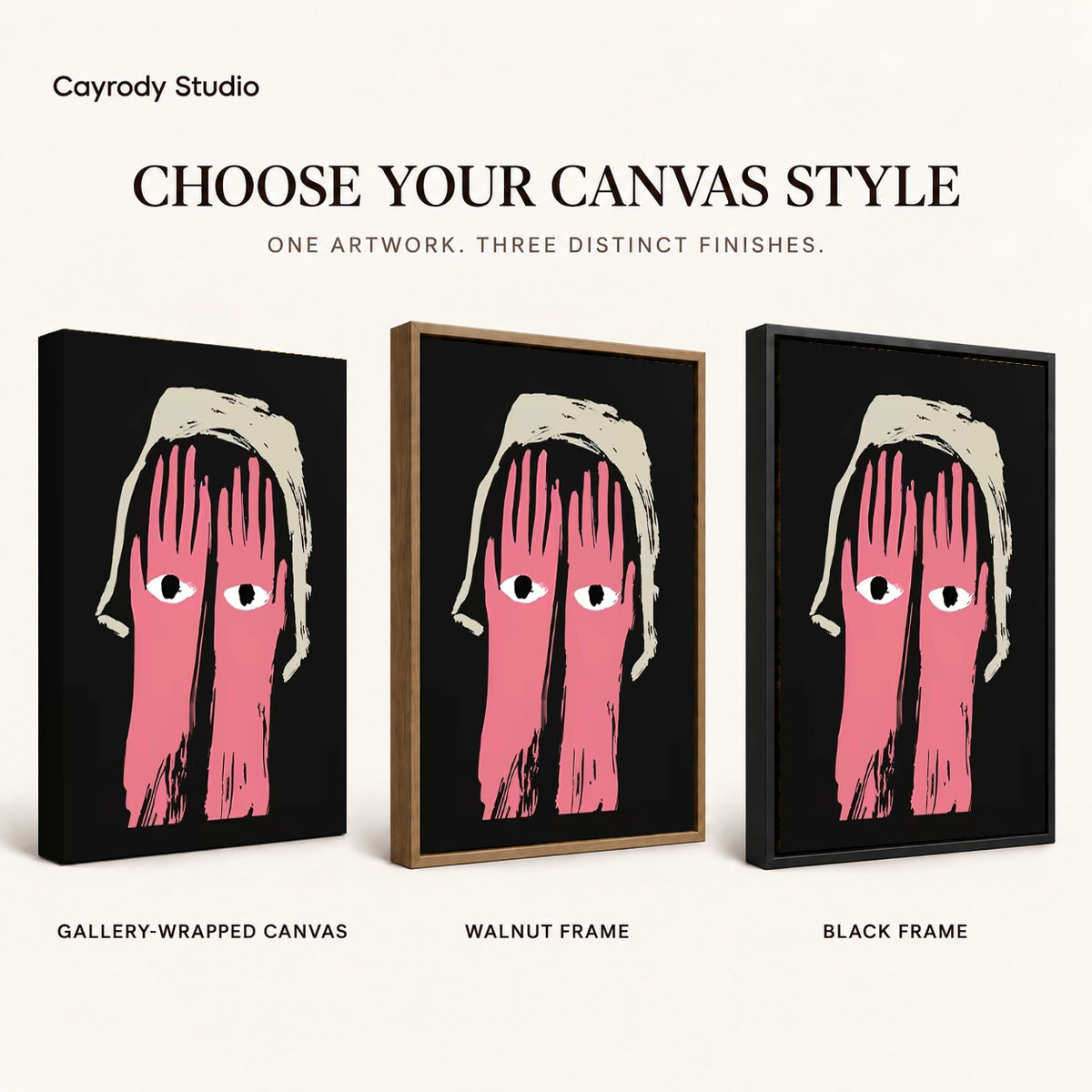 pink hands watch canvas art compared across gallery-wrapped canvas, walnut frame, and black frame finishes.