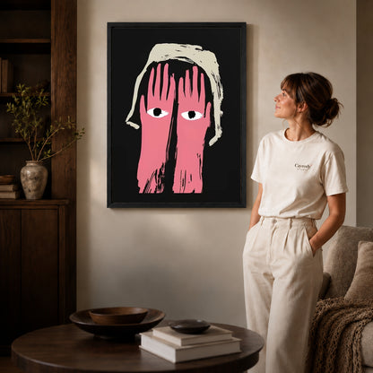 pink hands watch canvas art shown in the black frame option against a softly lit wall.
