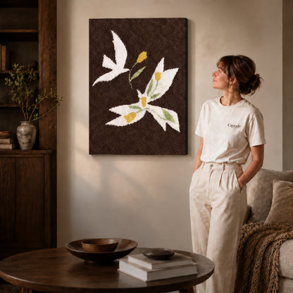 doves golden flowers canvas art on gallery-wrapped canvas with natural edge shading beside a standing woman.