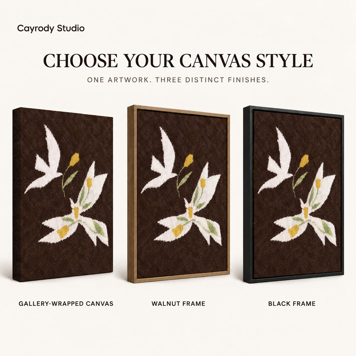 doves golden flowers canvas art compared across gallery-wrapped canvas, walnut frame, and black frame finishes.