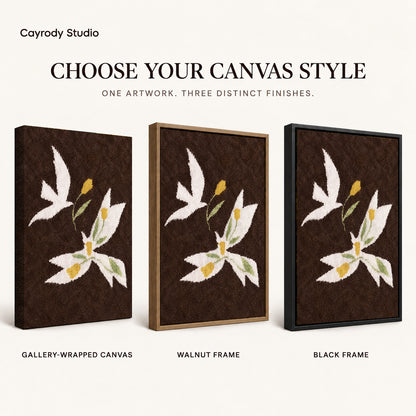 doves golden flowers canvas art compared across gallery-wrapped canvas, walnut frame, and black frame finishes.