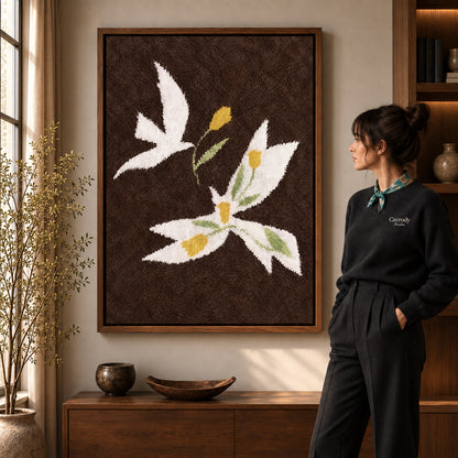 doves golden flowers canvas art shown in the walnut frame option within a warm living room.