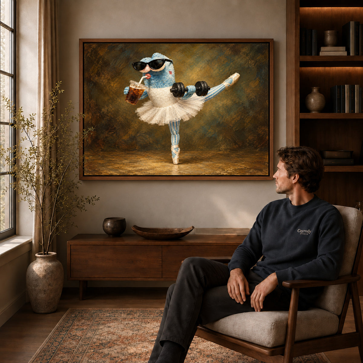 whimsical ballet balance canvas art in a walnut frame above a console beside a seated man.