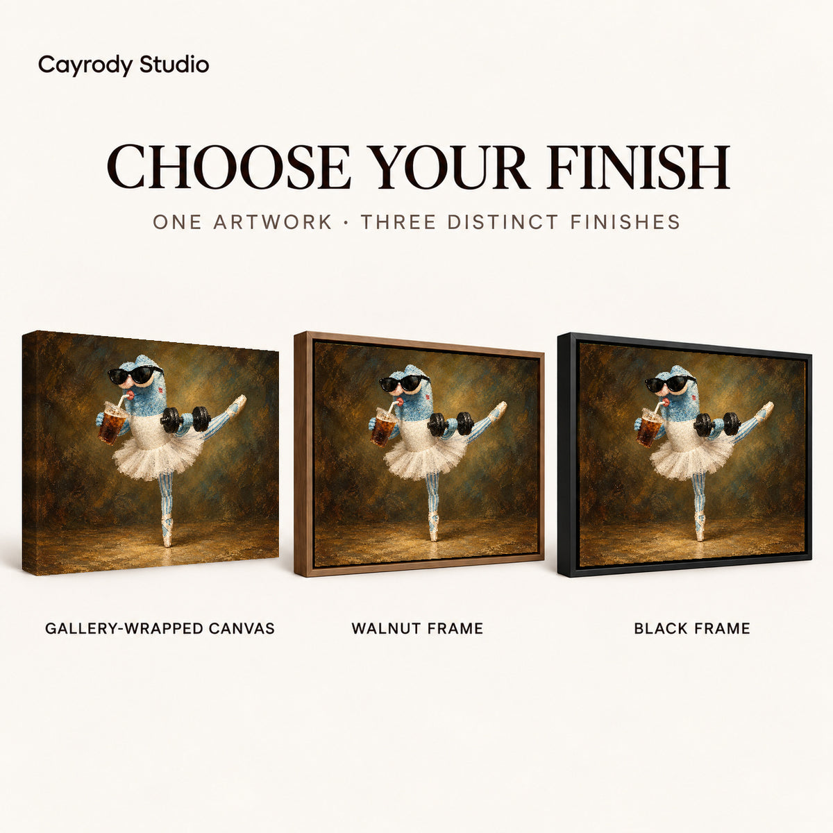 whimsical ballet balance canvas art compared across gallery-wrapped canvas, walnut frame, and black frame finishes.