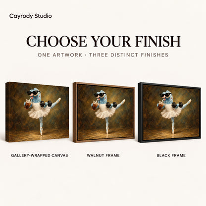 whimsical ballet balance canvas art compared across gallery-wrapped canvas, walnut frame, and black frame finishes.