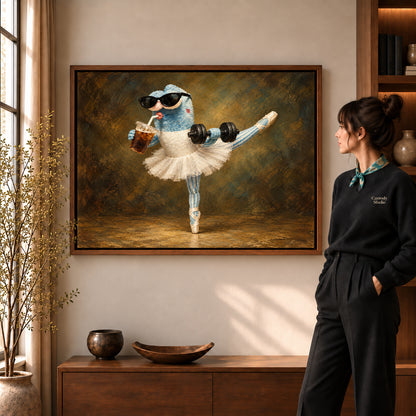 whimsical ballet balance canvas art shown in the walnut frame option within a warm living room.