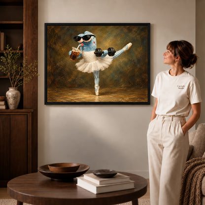 whimsical ballet balance canvas art shown in the black frame option against a softly lit wall.