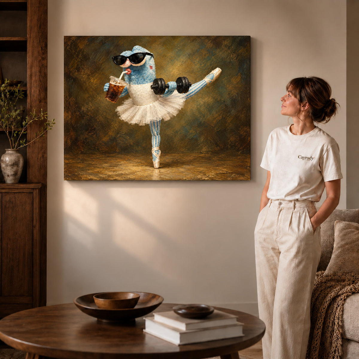 whimsical ballet balance canvas art shown in the gallery-wrapped option with natural side shading and warm surroundings.