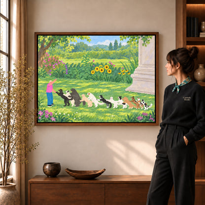 garden dog parade canvas art in a walnut frame beside a standing woman and wooden console.