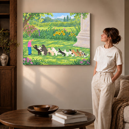 garden dog parade canvas art on gallery-wrapped canvas with visible edge depth beside a standing woman.