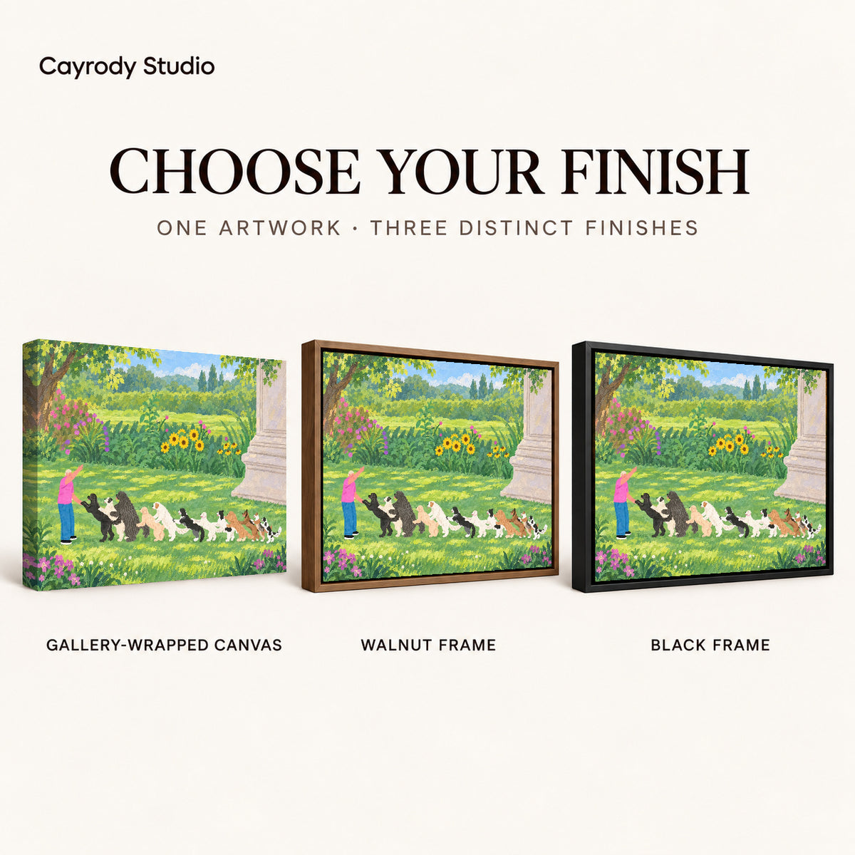 garden dog parade canvas art compared across gallery-wrapped canvas, walnut frame, and black frame finishes.
